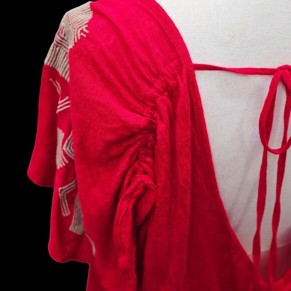 Free People Boho Embroidered Top S โ Open Back Flutter Sleeve Red Festival EUC - Picture 9 of 12